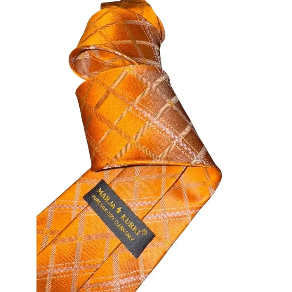 Marja Kurki Orange 100% Silk Tie Checked Plaid Geometric Pattern‎ Office Wear